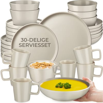 tectake® Serviesset Una - 30-delig - Aardewerk - 6 Persoons - Stijlvol en Duurzaam Servies - Bordenset met Grote en Kleine Borden, Kommen, Schaaltjes - Kopjes - Taupe