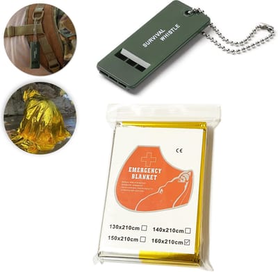 Colorful Sun® Survival Kit: Reddingsdeken + Noodfluit - Reddingsdeken x 1 (160x210cm, Goud/Zilver) + Noodfluit x 1 - Voor Outdoor Avonturen, Wandelen, Kamperen en Noodsituaties - Thermische Isolatiedeken en Luide Alarmfluit met Sleutelkoord