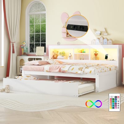 OKWISH Slaapbank 90x200cm – Met Led Verlichting – Uitschuifbed – Opbergvak En Stopcontact Met Usb – Voor Kinderkamer – Spaanplaat – Zonder Matras – Wit