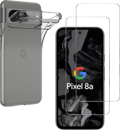 Hoesje Ultraslank geschikt voor Google Pixel 8a backcover siliconen Transparant en 2 stuks ScreenProtector Gehard Glas