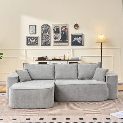 L-vormige Hoekbank "Cloud Couch", 262cm met Chaise Longge, XXL Laagzitting, Zonder Montage, Modulaire Bank in Grijze Chenille voor Woonkamer