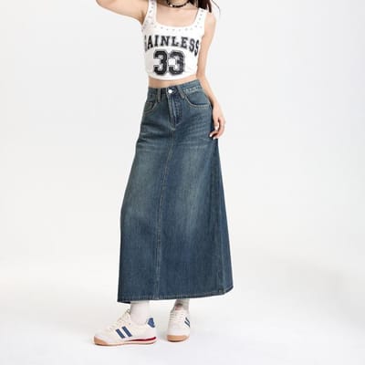 Denimrok Ontwerp met Zakopening Retro Heupbedekkend Middellange Rok Slanke Taille Toont Lange Benen XL gray