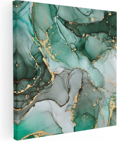 Artaza Canvas Schilderij Marmer Groen - 30x30 cm - Klein - Muurdecoratie Abstract - Wanddecoratie Goud - Kamer Accessoires
