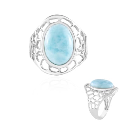Cavill - Larimar Ovaal Cabochon Ring - 925 Sterling Zilver Platina Verguld - 6,055 ct Larimar Edelsteen - Moderne Damesring Maat 17-20