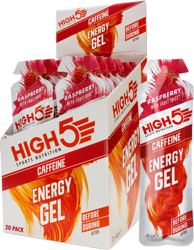 HIGH5 - Energy Gel met Cafeïne - Energie Gel met Koolhydraten - Isotone Sportgel - Raspberry Smaak - Hardlopen & Wielrennen - 20 x 40g