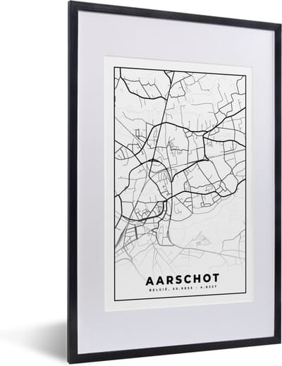Fotolijst incl. Poster Zwart Wit- Stadskaart – Zwart Wit - Kaart – Aarschot – België – Plattegrond - 40x60 cm - Posterlijst