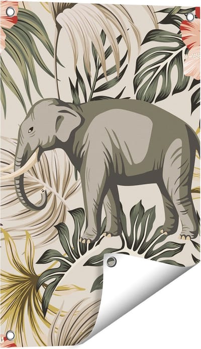 Gards Tuinposter Tropisch Getekende Olifant - Abstract - 40x60 cm - Tuindoek - Tuindecoratie - Wanddecoratie buiten - Tuinschilderij