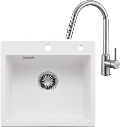 CECIPA max Spoelbak Keuken 50x45CM - Graniet Spoelbak Met Keukenkraan Met Uittrekbare Uitloop - Enkele spoelbak Wit - Met waterafvoersysteem - Voor 50 cm kast