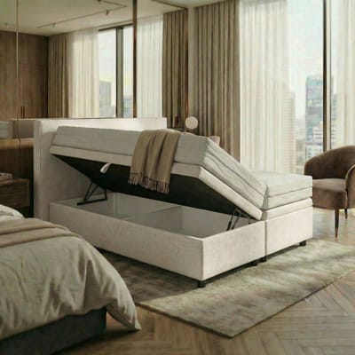 Mörgenn Opbergboxspring Havn met klep - Zonder Matras - Ivory - 90x200 cm - Inclusief Dekbed en Kussens