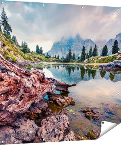 Gards Tuinposter Meer met Rotsen in de Alpen Bergen - 120x120 cm - Tuindoek - Tuindecoratie - Wanddecoratie buiten - Tuinschilderij