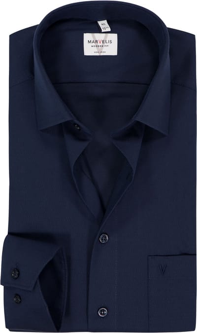 MARVELIS modern fit overhemd - mouwlengte 7 - structuur - donkerblauw - Strijkvrij - Boordmaat: 46 (EU maat: XXL)