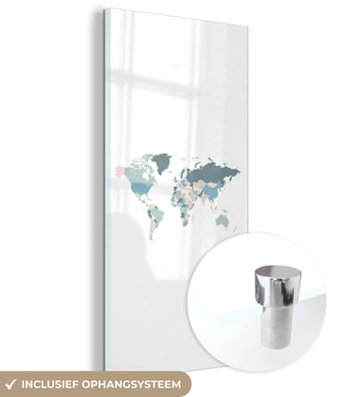 ® Glasschilderij 40x80 cm - Schilderij acrylglas - Wereldkaart - Pastel - Landen - Foto op glas - Muurdecoratie woonkamer - Wanddecoratie slaapkamer - Schilderijen