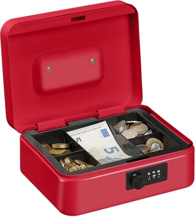 Doodadeals® Geldkistje met Cijferslot – Geldkluisje – Spaarpot Volwassenen – Uitneembaar Vak – 8,5x20x17 cm – Rood