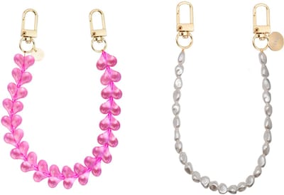 xoxo Wildhearts telefoonkoorden Funky Hearts Charm Cord Transparant Roze + Pearlfection Kort – hartjeskoord met parelaccent – speels en chique – geschikt voor iPhone / Samsung