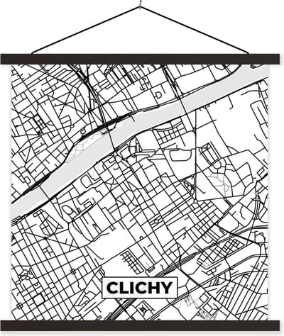 Posterhanger incl. Poster 60x60 cm - Schoolplaat - Frankrijk - Clichy - Kaart - Plattegrond - Stadskaart - Zwart wit - Textielposter - Zwarte latten - Stadskaart