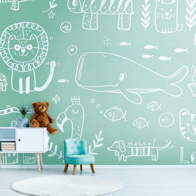 Fotobehang Profhome 383041-GU vliesbehang hardvinyl warmdruk in reliëf glad met kinder patroon mat groen wit 3,71 m x 2,8 m