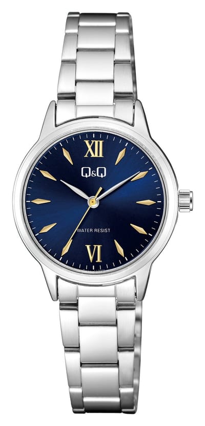 Q&Q Q11A-002PY - Horloge - Polshorloge - Analoog - Vrouwen - Dames - Stalen band - Rond - Metaal - Romeinse Cijfers - Strepen - Zilverkleurig - DonkerBlauw - Goudkleurig