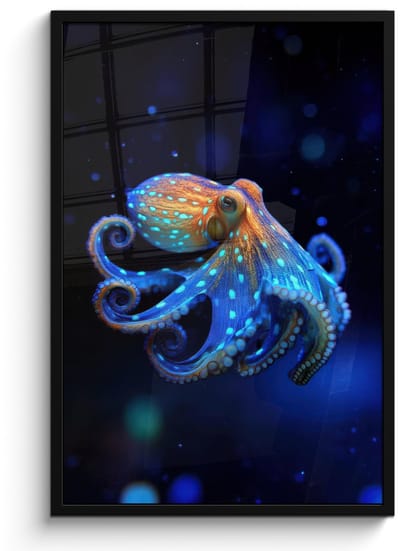 Poster in lijst - Fotolijst 60x90 cm - Posters - Octopus - Stippen - Blauw - Zee - Posterlijst zwart - Decoratie - Wanddecoratie woonkamer - Muurdecoratie slaapkamer