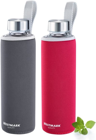 Westmark 2 drinkflessen, gemaakt van glas met print, inclusief beschermhoes, 550 ml elk, glas/siliconen/rubber, BPA-vrij, Viva, rood/antraciet/zilver/transparant, 527222E8