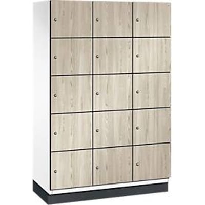 C+P Cambio lockerkast, 3 vakken, 15 vakken, met plint, B 1200 x D 525 x H 1980 mm, verkeerswit / essenhout decor