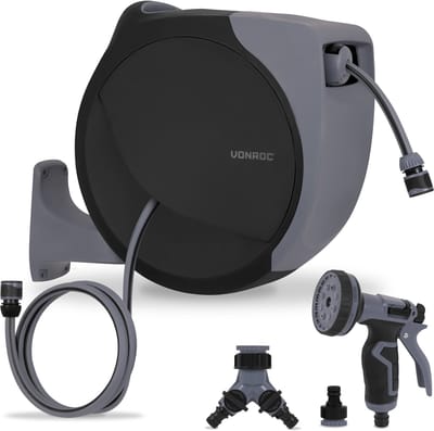 VONROC Automatische slanghaspel – wandslangbox – Incl. 30m premium tuinslang, 8-standen broespistool en koppelingen – zwart/grijs