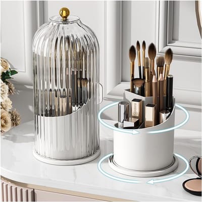 KZQ 360 Graden Draaibare Make-Upkwastenhouder Met Sluitbaar Deksel, Transparante En Stofvrije Organizer, Waterdichte Opbergbox Voor Make-Upborstels Op Toilettafel Of In Reisbagage
