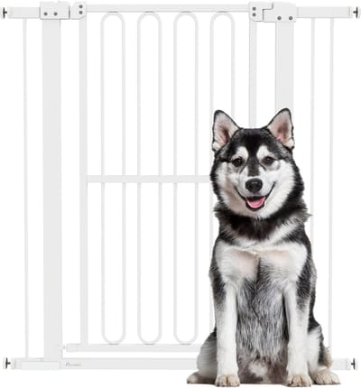 PawHut Treppenschutzgitter Türschutzgitter Absperrgitter ohne Bohren 76-104 cm Schutzgitter aus Stahl für Hunde, Haustiere Treppen, Tür, Weiß
