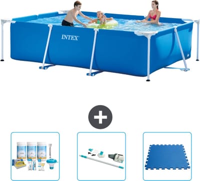 Intex Rechthoekig Frame Zwembad - 300 x 200 x 75 cm - Blauw - Inclusief Onderhoudspakket - Stofzuiger - Vloertegels - 4-delig