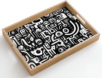 Dienblad hout 50x35 cm - Schootdienblad - Symbolen - Abstract - Grafisch - Zwart - Borrelplank rechthoek - Plateau dienbladen