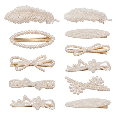 Witte Parel Haarspelden Dames Set van 10 Stuks Haarclips met Bloem Veer Strik en Imitatieparels