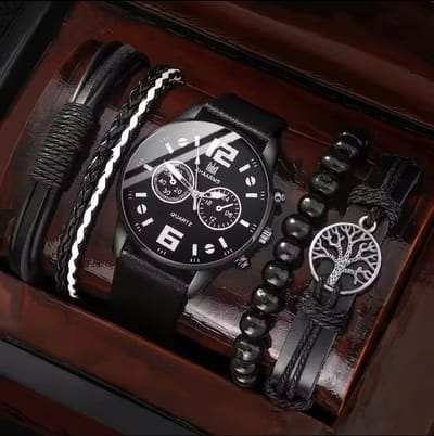 5 delige mode set heren - Geschenk set - Zwart/wit - Smartkabel - stijlvol - cadeau - origineel - armband - Horloge