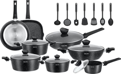 Swiss Pro+ - 33-delige Pannenset - Aluminium Koekenpannenset - Zwarte Pannenset.Nieuw nu met afneembare handgrepen! Model 2026