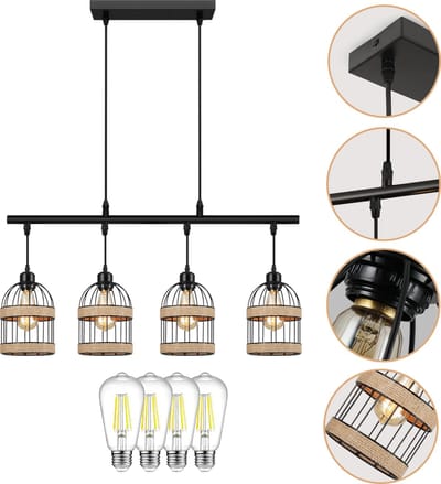 Rosnek Hanglamp 4-Lichts Industrieel Boerderijstijl - Rotan & IJzer - Verstelbaar 100cm Hoogte - 60W - Voor Eetkamer, Woonkamer, Slaapkamer - Incl. E27 LED Lampen