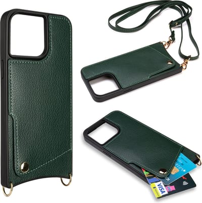 Casemania Hoesje Geschikt voor Apple iPhone 15 Pro - Back Cover met Draagkoord - Pasjeshouder Hoes met Bandje - Crossbody Telefoonhoesje - Lanyard Case - Groen
