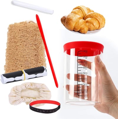 Famanu - Voorraadpot — 8 stuks glazen zuurdesem starterkit, 1 liter zuurdesem starterpot met schaal thermometer papier, fermentatiepot met voedingsdatumband/stoffen deksel/schraper voor zuurdesem, conserveren, yoghurt,