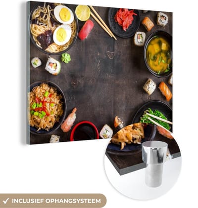 MuchoWow® Glasschilderij 120x90 cm - Schilderij acrylglas - Sushi - Eetstokjes - Kruiden - Specerijen - Foto op glas - Schilderijen