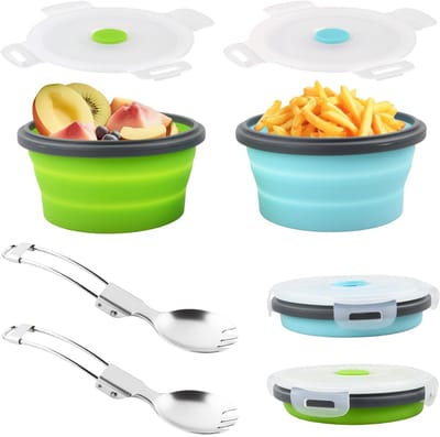 Klapkom met deksel, 2 stuks, inklapbaar, draagbaar, van siliconen, met 2 opvouwbare 2-in-1 lepels, inklapbaar, draagbaar, voor reizen, camping, picknick, 350 ml
