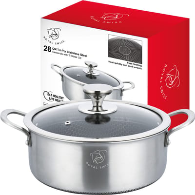 Royal Swiss® Braadpan 28 cm - Tri-Ply RVS Honingraat - Inductie Geschikt - PFAS-vrij - Met Glazen Deksel