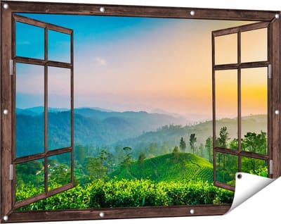 Gards Tuinposter Doorkijk Zonsondergang op een Thee Plantage - 120x80 cm - Tuindoek - Tuindecoratie - Wanddecoratie buiten - Tuinschilderij