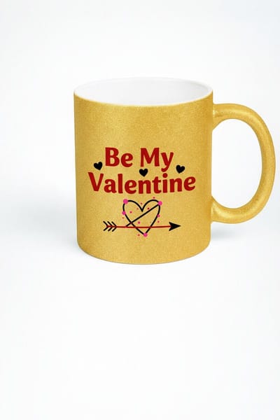 Gouden Glitter Valentijn Mok 'Be My Valentine' met Hart & Amor Pijl - Romantisch Cadeau