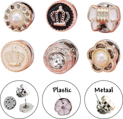 Fako Bijoux - Pin Broche Mini - Steek Pin Knopen Set - 6 Mini Broches - 8-12mm - Silver, Gold, Black, White, Shiny & Pearl - 6 Stuks - Zilver, Goud, Zwart & Wit - Serie 13
