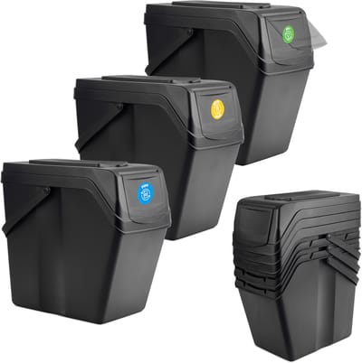 KADAX Afvalemmerset voor afvalscheiding van plastic, afvalcontainer met dicht deksel, afvalsorteerder, vuilnisemmer met beweegbare handgrepen (zwart, 3 x 25 l)