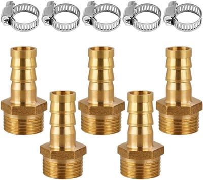 Koperen Slangconnector Set van 5, 10mm Barbs x 3/4 Inch Mannelijke Draad, Inclusief Slangklemmen voor Lucht-, Gas- en Waterleidingen