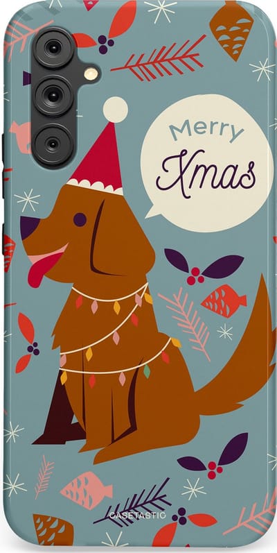 Casetastic hoesje geschikt voor Samsung Galaxy A34 (2023) 5G - Dubbellaagse bescherming - Merry Christmas Hond - Fashion Case - Zilver Bruin Saliegroen Rood