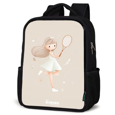 NoBoringSuitcases.com® - Rugzak zwart - Schooltas jongen & meisje - Meisje speelt tennis in beige kleuren - Rugtas voor school - Boekentas kind - Schoolrugzak - Kinderrugzak