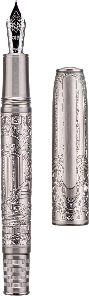 Piston Vulpen van Hoogwaardige Kwaliteit, Zilveren Staal, Iridium Medium Nib, Perfect voor Calligrafie en Glad Schrijven met Pennenhouder Set