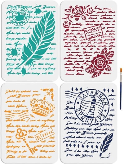 Dailygoods- Schrijfsjablonen 4 Stuks - Retro Franse Stencils - Tekensjablonen voor Ambachten - Vintage Patronen - 11,7 x 8,7 cm - Kunst en Meubels - Sjablonen