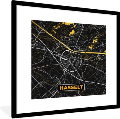 Fotolijst incl. Poster - Kaart - Goud - Plattegrond - Hasselt - Stadskaart - 40x40 cm - Posterlijst