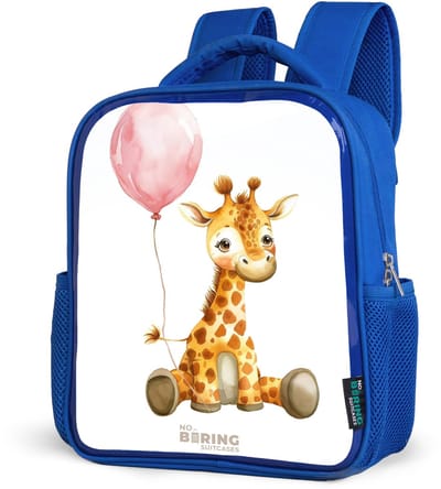 NoBoringSuitcases.com® - Rugzak blauw - Schooltas jongens - Giraffe met roze ballon - Kinder rugtas jongen - Boekentas kind - Kinderrugzak voor school - Schoolrugzak