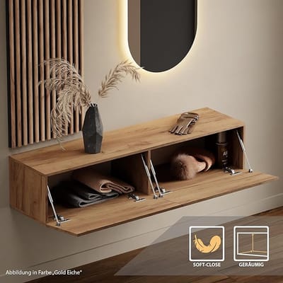 Halmeubel met Spiegel en Wandpaneel 140 x 37,8 x 32,5 cm – Moderne Wandkapstok met Opbergruimte, Soft-Close, Goud Eiken/Antraciet
